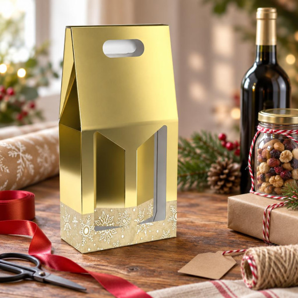 Scatola porta bottiglie in cartoncino 2 posti liscio oro glitter con finestra FAG