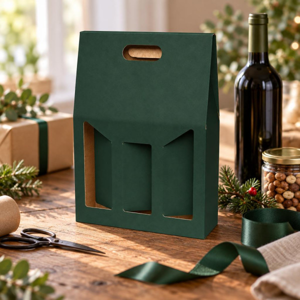 Scatola porta bottiglie in cartoncino 3 posti liscio verde con finestra FAG