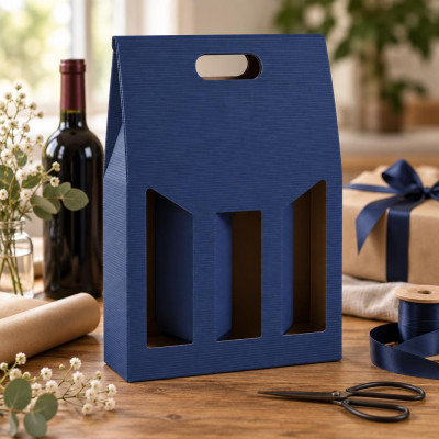 Scatola porta bottiglie in cartoncino 3 posti cannetè blu con finestra FAG