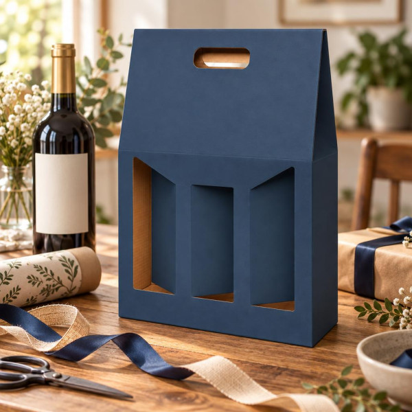 Scatola porta bottiglie in cartoncino 3 posti liscio blu con finestra FAG