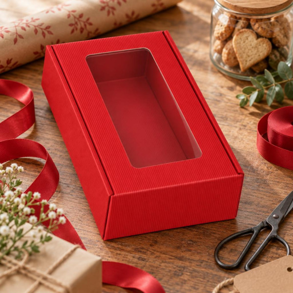 Cofanetto porta 2 bottiglie in cartone cannetè rosso con finestra 20x33,5x9 cm FAG
