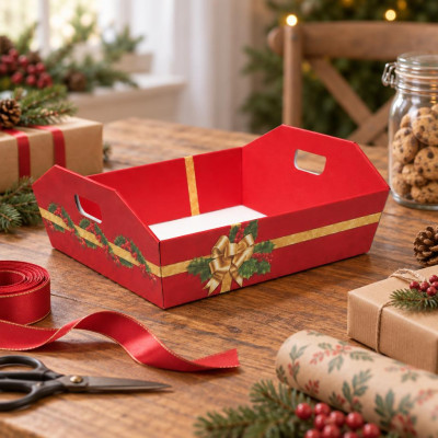 Vassoio cesto per confezioni regalo medio in cartone Holly Jolly rosso con maniglie 34x29x10 cm portata 10 kg FAG