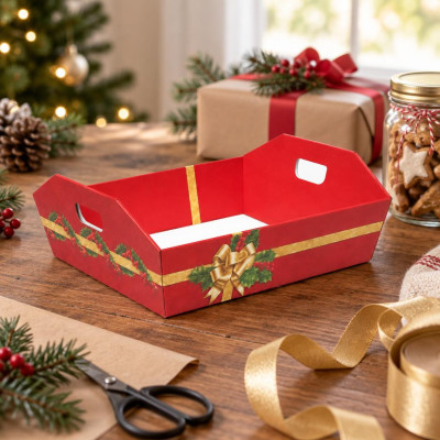 Vassoio cesto per confezioni regalo piccolo in cartone Holly Jolly rosso con maniglie 31x24,5x6 cm portata 5 kg FAG