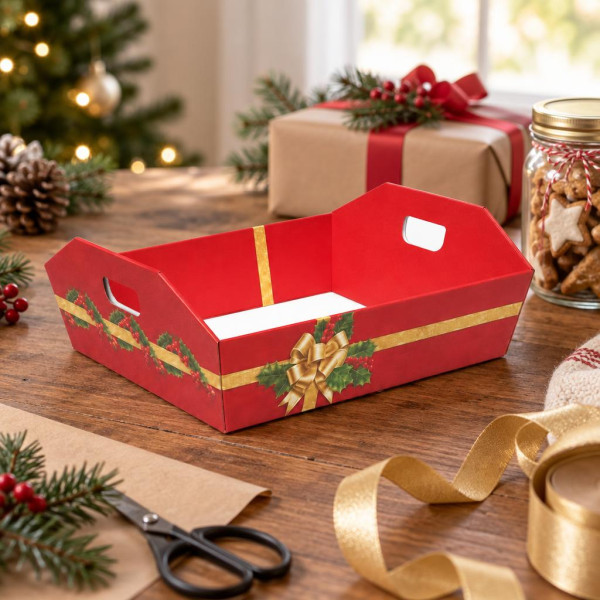 Vassoio cesto per confezioni regalo piccolo in cartone Holly Jolly rosso con maniglie 31x24,5x6 cm portata 5 kg FAG