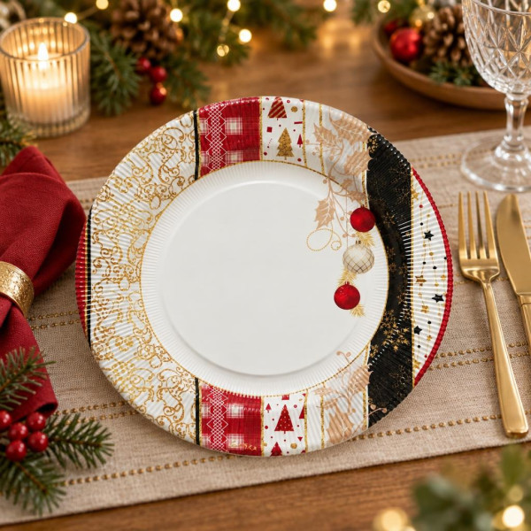 Piatti di carta natalizi Xmas Patchwork 21 cm - 8 pz