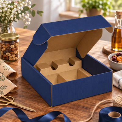 Cofanetto porta 3 bottiglie distese in cartone cannetè blu con separatori 28x34x9 cm