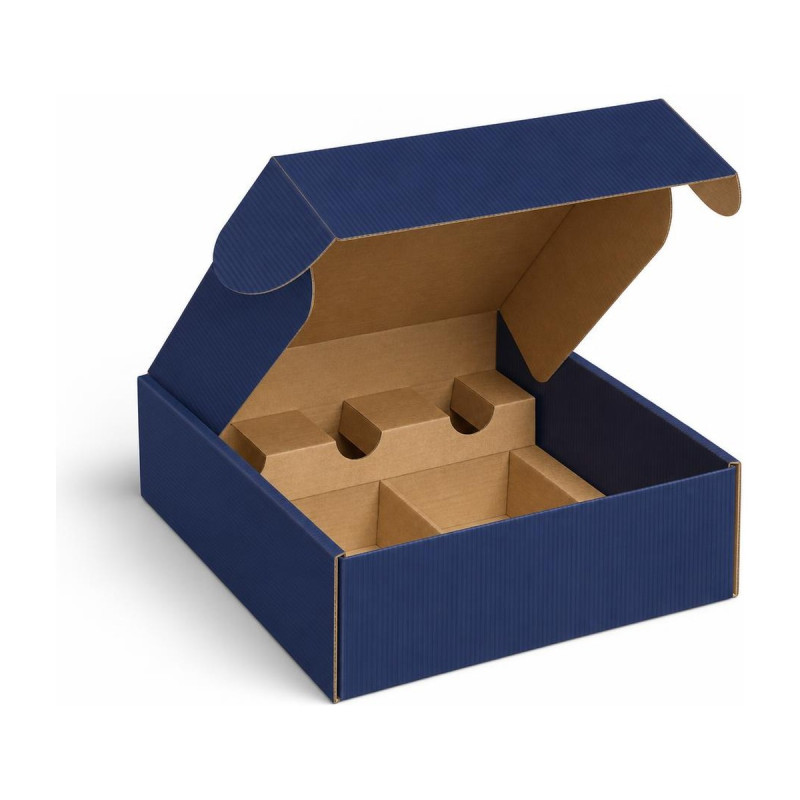 Cofanetto porta 3 bottiglie distese in cartone cannetè blu con separatori 28x34x9 cm