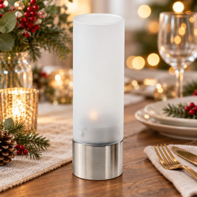 Portalumino in acciaio inox e vetro satinato h 15 cm per tealight Leone