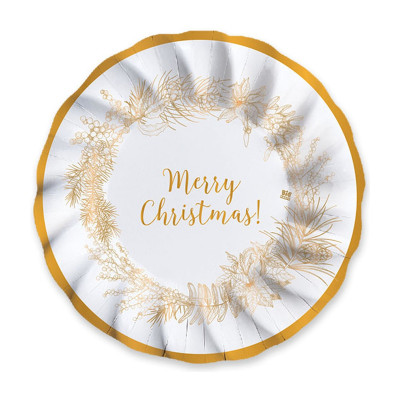 Piatti fondi di carta natalizi Christmas Gold Ø 24 cm bianchi e oro con bordo ondulato, confezione da 6 Big Party