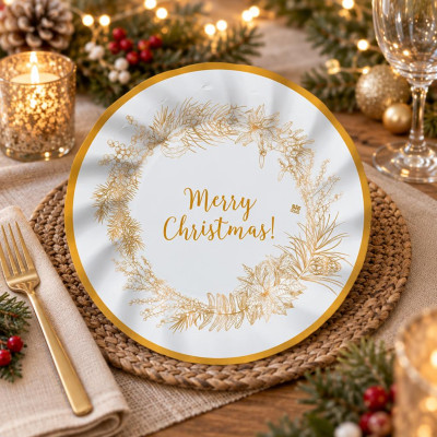Piatti di carta natalizi Christmas Gold Ø 20 cm bianchi e oro con bordo ondulato, confezione da 8 Big Party