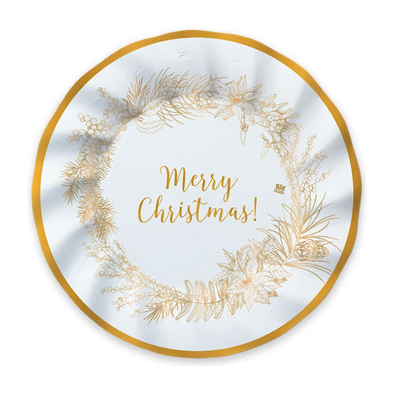 Piatti di carta natalizi Christmas Gold Ø 20 cm bianchi e oro con bordo ondulato, confezione da 8 Big Party
