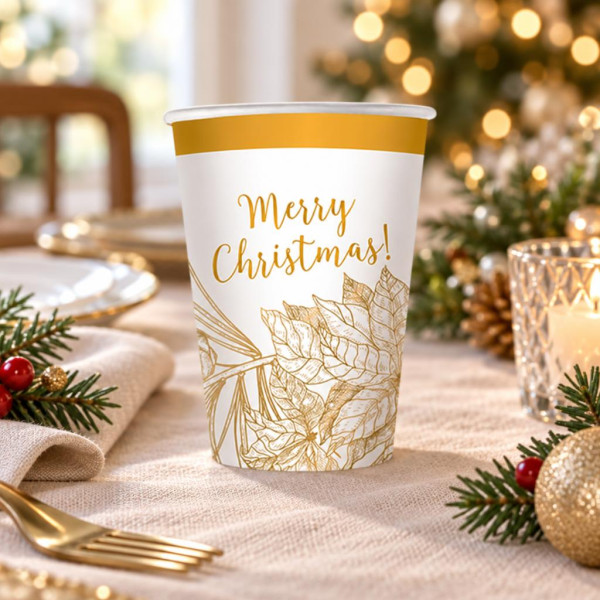 Bicchieri di carta natalizi Christmas Gold 200 ml bianchi e oro, confezione da 8 Big Party