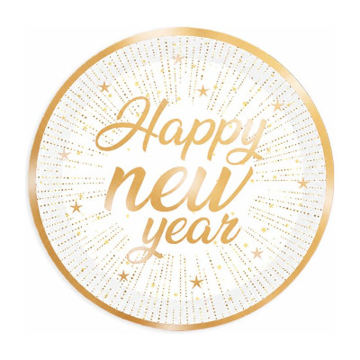 Piatti di carta Capodanno Happy New Year Gold Ø 22 cm bianchi e oro, confezione da 6 Big Party