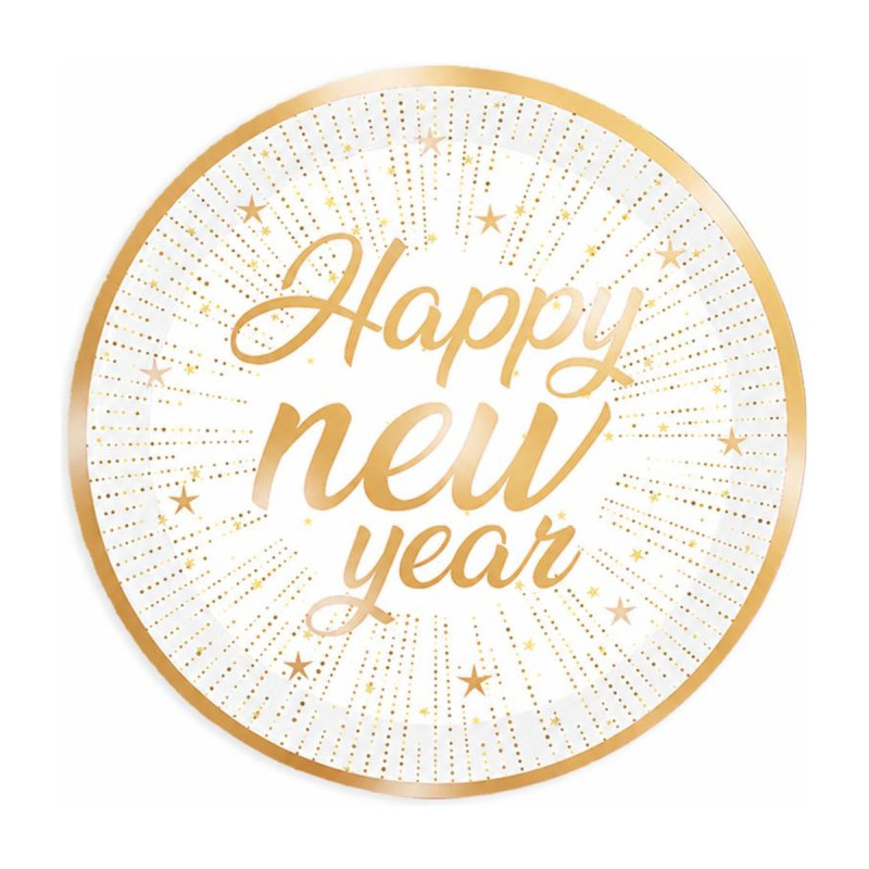 Piatti di carta Capodanno Happy New Year Gold Ø 22 cm bianchi e oro, confezione da 6 Big Party