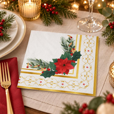 Tovaglioli di carta natalizi Glam Christmas 33 x 33 cm con stella di Natale e decori oro, confezione da 16 Big Party