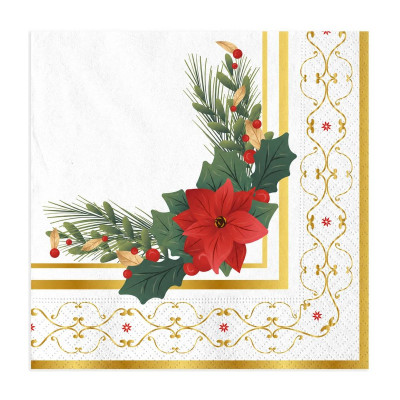 Tovaglioli di carta natalizi Glam Christmas 33 x 33 cm con stella di Natale e decori oro, confezione da 16 Big Party